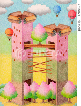 色鉛筆画 幻想的 塔 ファンタジー アナログイラストの写真素材