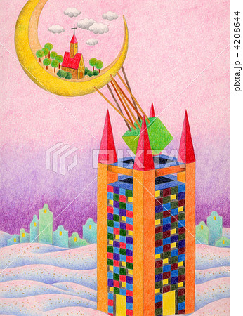 色鉛筆画 幻想的 塔 ファンタジー アナログイラストの写真素材