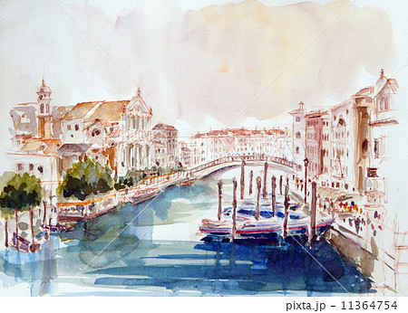 運河 ゴンドラ 水彩画 ベニスの写真素材