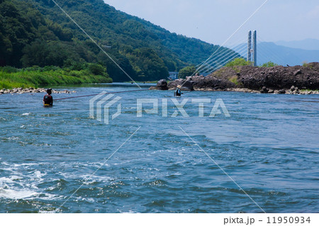 千曲川 アユ釣り 川釣り 友釣りの写真素材