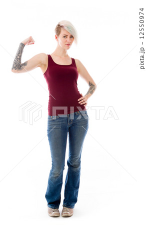 ファンキー ちからこぶ 力こぶ 女性の写真素材