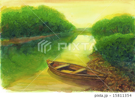 透明水彩 川 自然 景色のイラスト素材