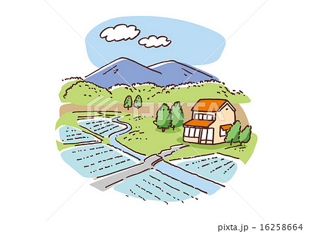 田んぼ 農村 風景 田舎のイラスト素材