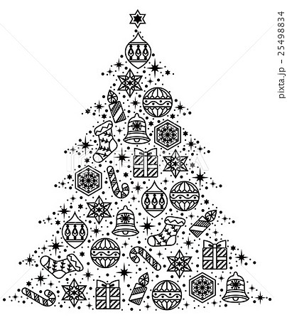 クリスマスツリー クリスマス 白黒 オーナメントのイラスト素材 Pixta