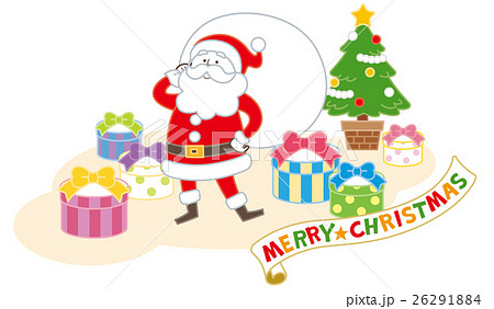 サンタとツリー　絵画 クリスマス サンタとトナカイとクリスマスツリーのイラスト素材