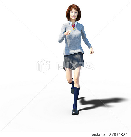 走る 女子高生 学生 白バックのイラスト素材