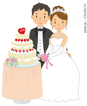 結婚式 新郎新婦 ウェディング ケーキ入刀のイラスト素材