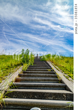 階段 雑草 土手 河川敷の写真素材