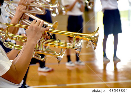 子供 吹く トランペット 女の子の写真素材