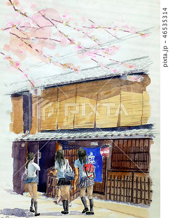 女子高生 京都観光 修学旅行 清水寺のイラスト素材