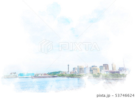 横浜山下公園から見た港の客船 水彩画のイラスト素材 [82173487