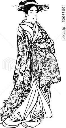 着物 花魁 女性 モノクロのイラスト素材