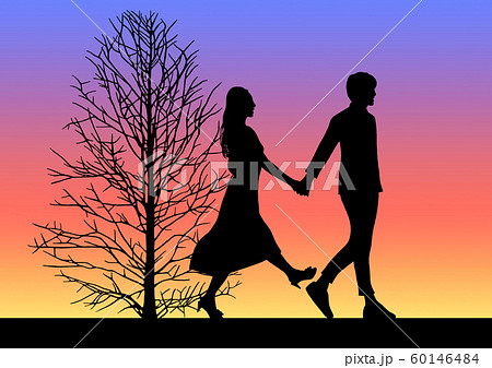 カップル 手をつなぐ 夕日 夕焼けのイラスト素材 - PIXTA