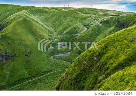 阿蘇山 風景 阿蘇山公園 バイクの写真素材