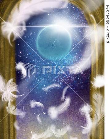 星空と幻想的な宇宙の中舞う羽のファンタジー背景のイラスト素材