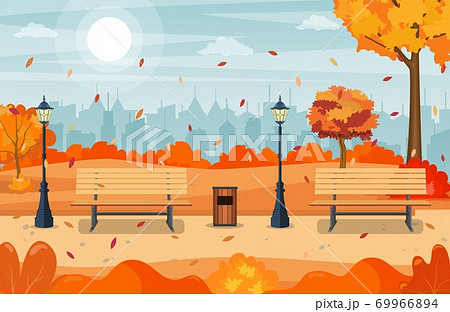 秋 公園 ベンチ イラストのイラスト素材