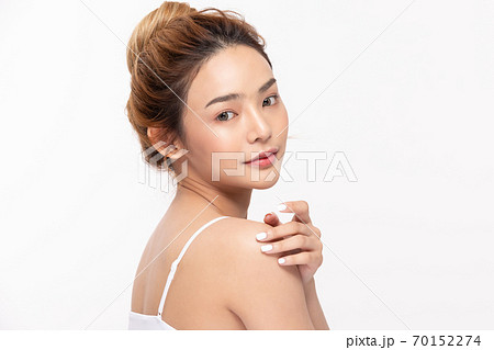 タイ人女性 触る 感動させる 顔の写真素材