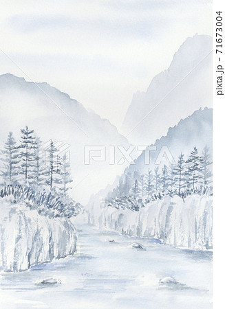 冬の風景 水墨画 木製フレーム 冬の風景 水墨画 木製フレーム 絵画