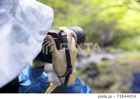 女性 カメラマン 森 後ろ姿の写真素材