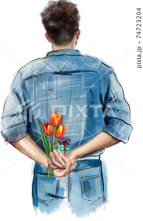 女性 花束 抱える 花の写真素材