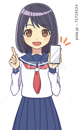 スマホの画面を見せるセーラー服の女の子 指差しのイラスト素材