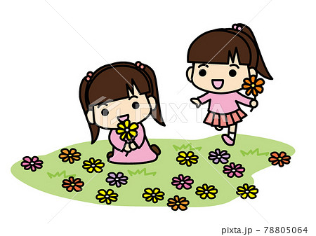 子供 女の子 遊ぶ 花畑のイラスト素材