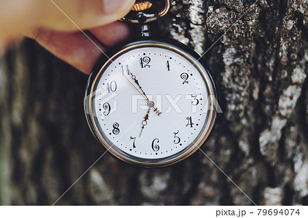 懐中時計と木の背景の写真素材 懐中時計と木の背景の写真素材