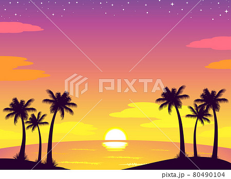 夕焼けビーチ コピック イラスト 原画 ビーチ 海 夕日 夕焼けの