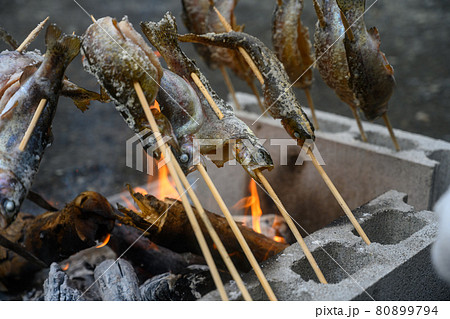 塩焼き ニジマス 魚 キャンプの写真素材