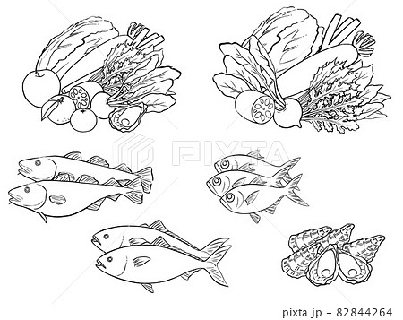野菜 果物 イラスト 白黒の写真素材