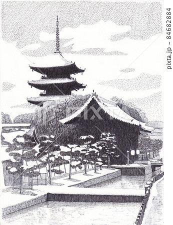 京都 世界遺産 モノクロ 寺のイラスト素材