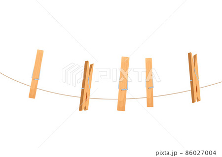 Clothespins, pegs on laundry rope, clothesline string with hanging clips,  vector. Clothespins and clothes pegs on laundry rope line, wooden clamp  pins on cord on empty white background Stock Vector