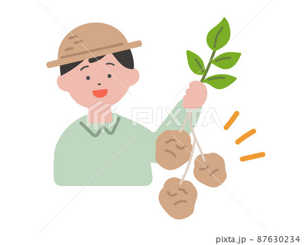 じゃがいも掘りを楽しむ男の子のイラストのイラスト素材