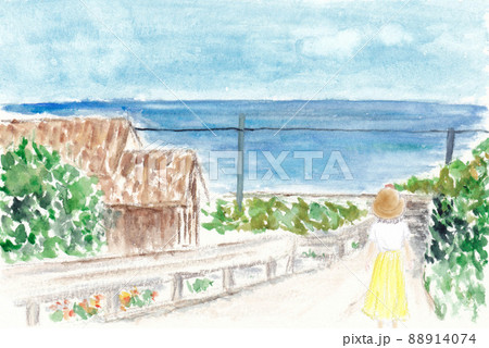 夏 海 田舎 坂道のイラスト素材