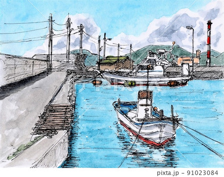漁船 漁港 船 水彩画のイラスト素材