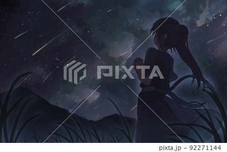 女の子 人物 見上げる 夜空のイラスト素材