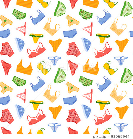 Seamless pattern with woman lingerie and underwear. Background with stylish  bras, panties and bikinis. Hand drawn pattern for textile, T-shirt,  wrapping paper. Cute feminine undies set. Stock Vector