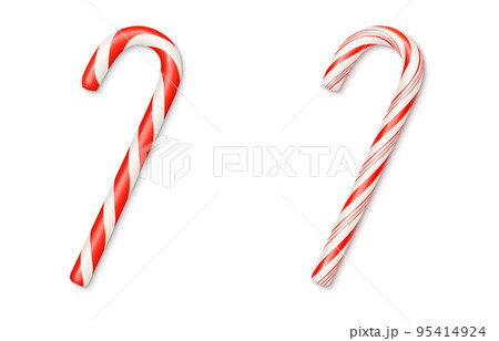 Christmas candy cane gift bow cartoon flat set. White red line