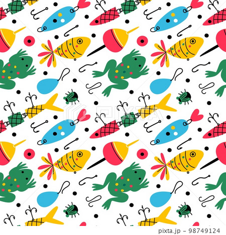 Seamless pattern with fishing tackle, bobber float,, hooks and