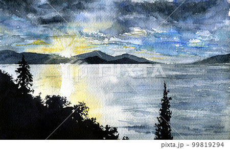 景色 水彩画 海 山のイラスト素材 - PIXTA