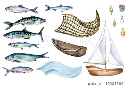 Watercolor drawing set of various fishing bobblers, red, white
