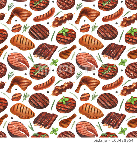 Raw meat seamless pattern. drawing. Hand drawn beef steak, pork ham, lamb  rib, minced chicken forcemeat. Raw food ingredient.…