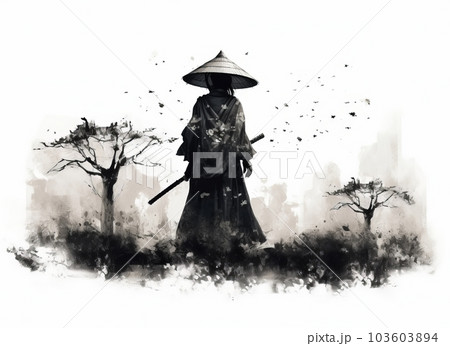 水墨画 武士の絵　絵27✖️24 日本水墨武士道イラストPNG素材、 水墨, 日本, 武士ベクター画像