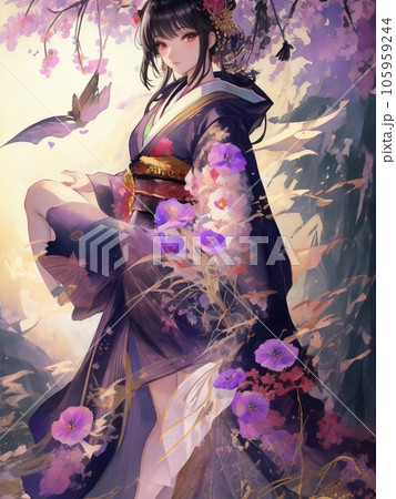 朝顔の背景の前でポーズをとる着物の女性