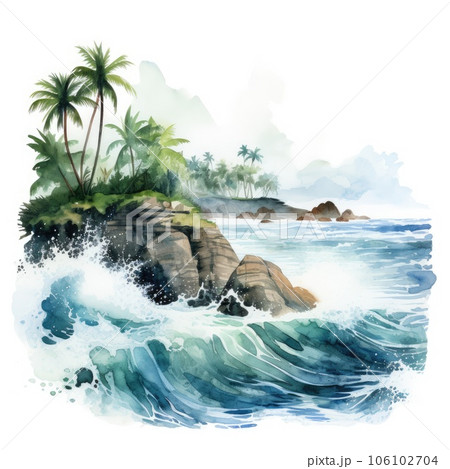 印刷可能なハワイの風景写真10枚、ハワイのビーチの水彩画、ホノルルの