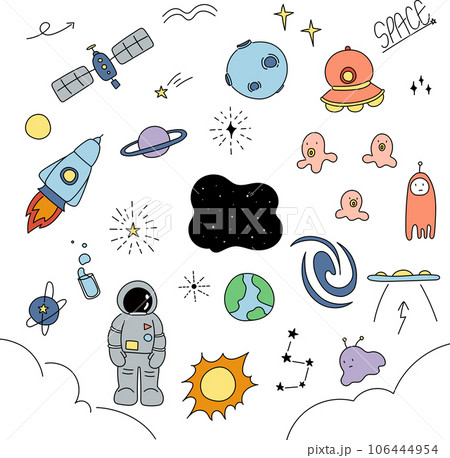 宇宙船・UFO・星のかわいいイラストセット 手描きイラスト素材集