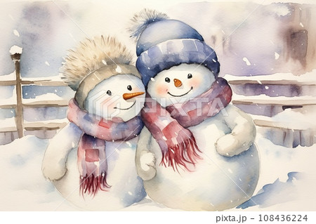 雪だるま 水彩 雪 水彩画のイラスト素材 - PIXTA