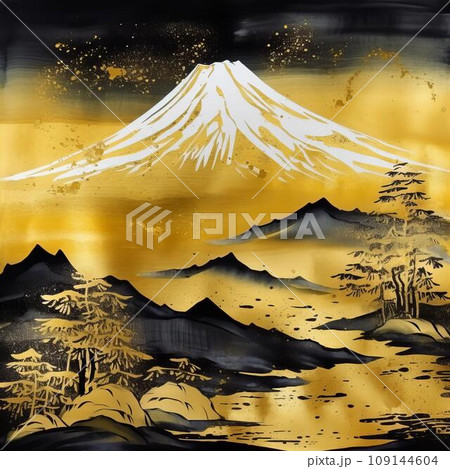 冬の風景 水墨画 金色フレーム付き 風景画 東洋画 山 水墨画のイラスト素材 - PIXTA