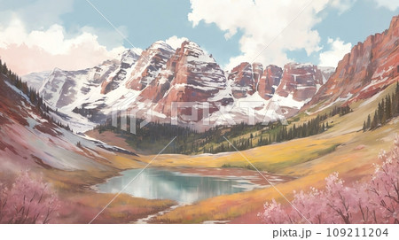 水彩画   残雪風景 山 雪 水彩画 風景の写真素材 - PIXTA