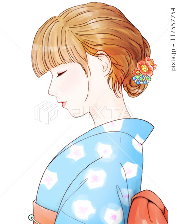 女性 着物 横顔 青のイラスト素材 - PIXTA